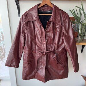 Vintage Oxblood Burgundy Brown Belted Leather Jacket Removable Fur Vest Sz L/XL